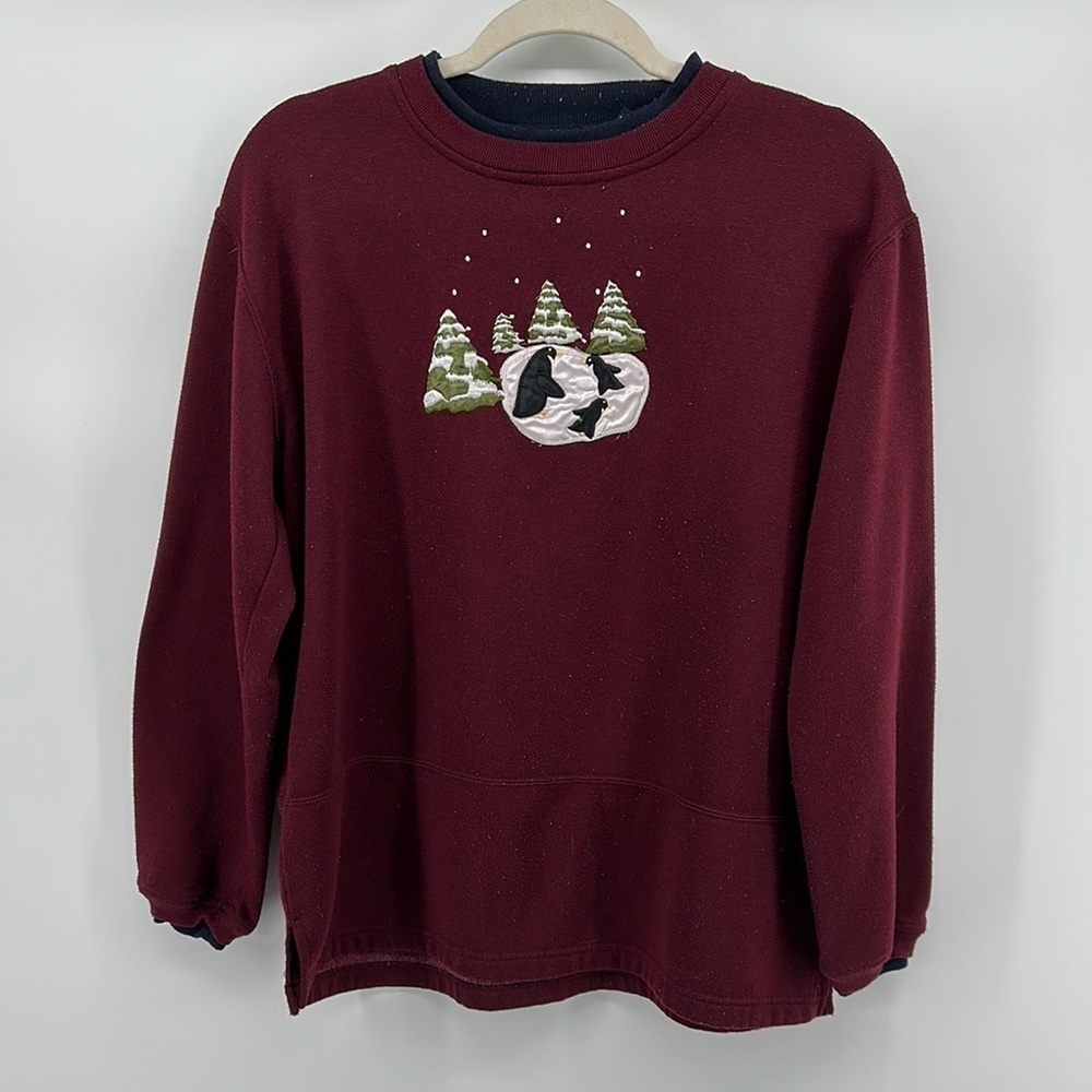 VTG Ladies Club Cozy Maroon‎ Crewneck Penguin Ugly Christmas Sweatshirt Sz Med